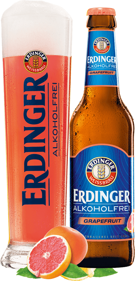 Erdinger Grapefruit Alkoholfrei mit Grapefruit und Glas